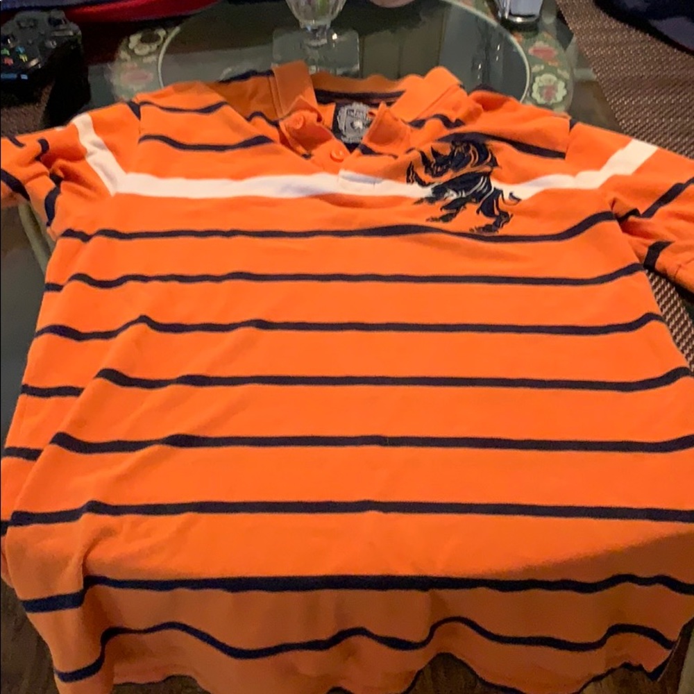 Ecko unlimited orange white and blue striped polo